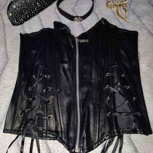 Black Faux Leather Lace-Up Corset with Front Zip